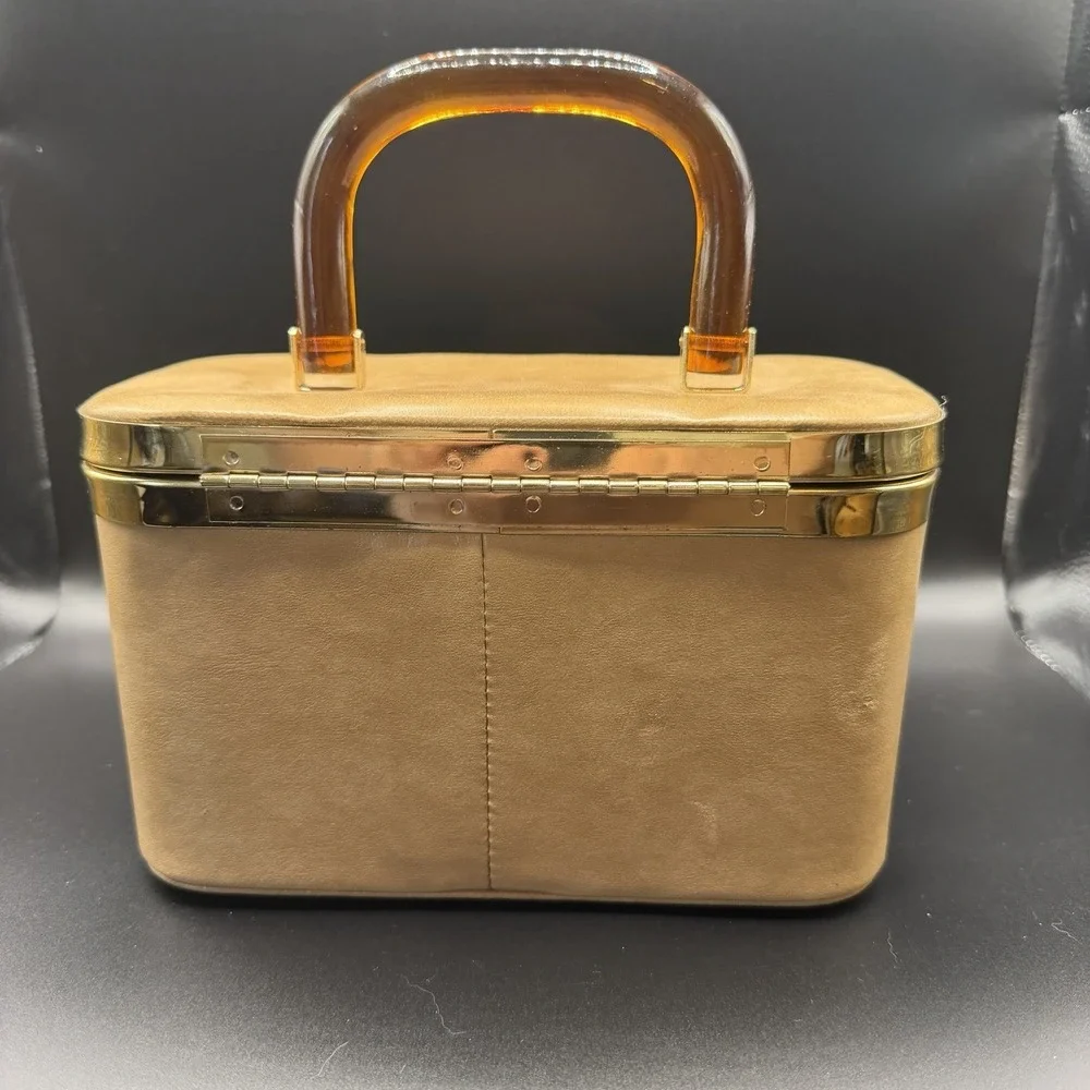 Vintage 1950's Camel Colored Florida Box Purse w/ Amber Lucite Handle MCM